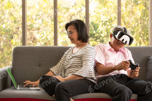 Preview: Senior couples relax on holiday in the natural living room background with modern technology