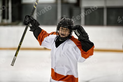 Preview: Young ice hockey player celebrating a goal on the rink