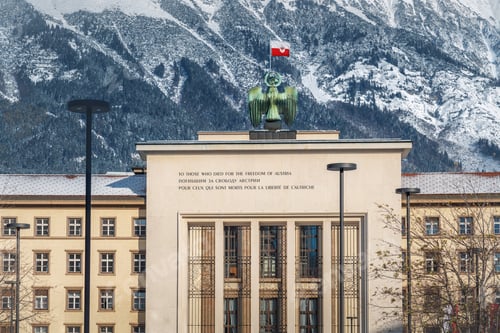 Preview: New Tyrol Parliament Building with Tyrol flag and Liberation Monument - Innsbruck, Tyrol, Austria