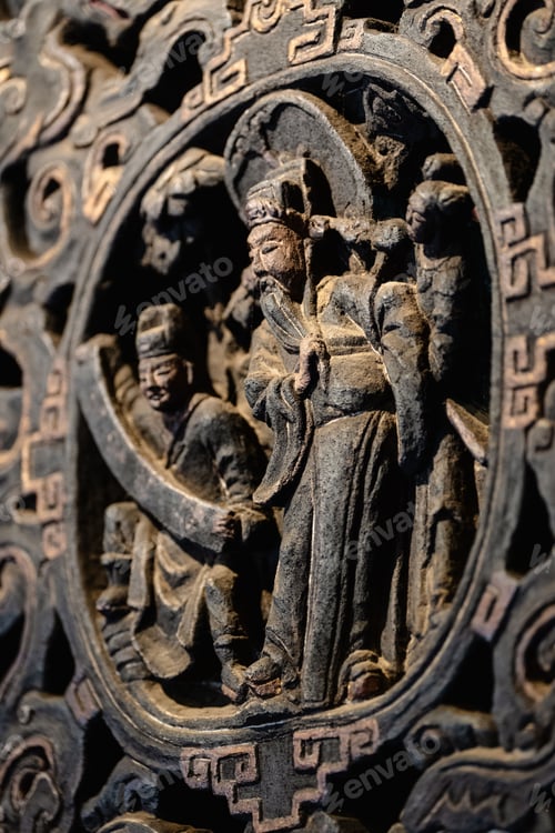Preview: Intricate Wooden Carving of Asian Figures