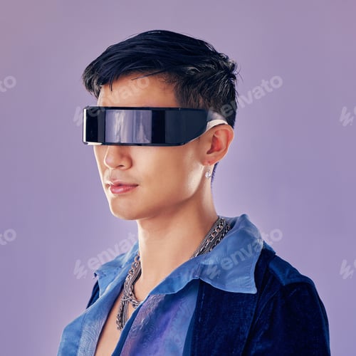 Preview: Cyberpunk, fashion and futuristic asian man, jewellery and clothes with cool glasses in purple mock