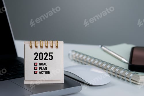 Preview: 2025 new year goal plan action on desk.Business financial plan, investment, strategies.