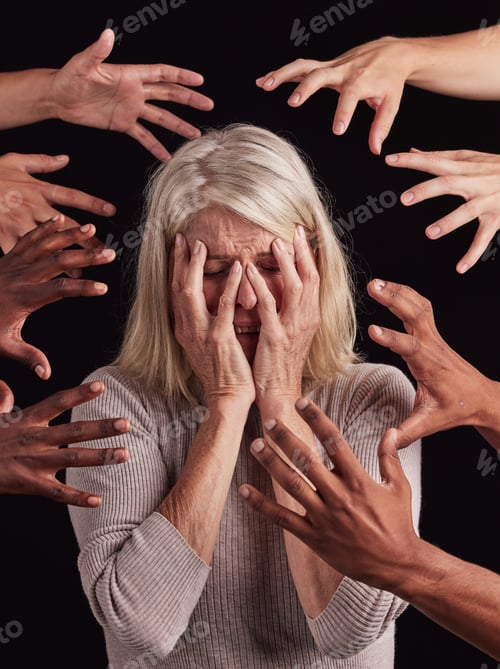Preview: Senior woman, hands or mental health stress on black background in studio with guilt, fear or schiz