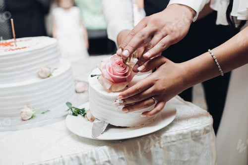 Preview: Happy pair keeping knife and cutting tasty wedding cake