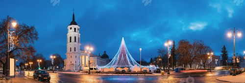 Preview: Vilnius, Lithuania. Christmas Tree On Background Bell Tower Belf