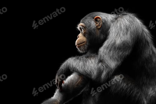 Preview: Chimpanzee monkey sitting portrait on black
