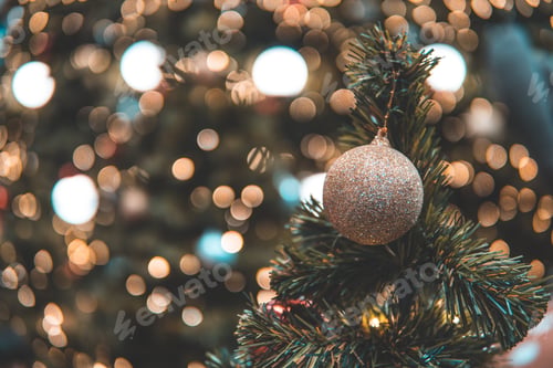 Preview: Merry Christmas and Happy Holidays background, Christmas tree close up for new year background.