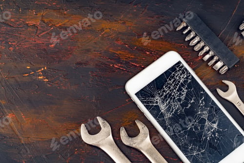 Preview: Smartphone repair concept. Damaged display of smartphone and tools