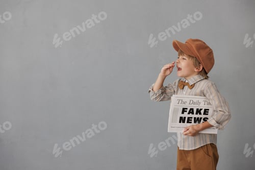 Preview: Newsboy shouting against grunge wall background. Boy selling fake news