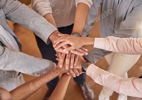 Preview: Business people, hands and teamwork in collaboration above for meeting, trust or unity and communit