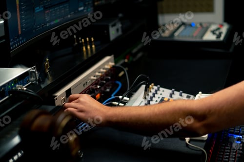 Preview: close-up hand of sound engineer switching settings on the mixing console for recording a soundtrack