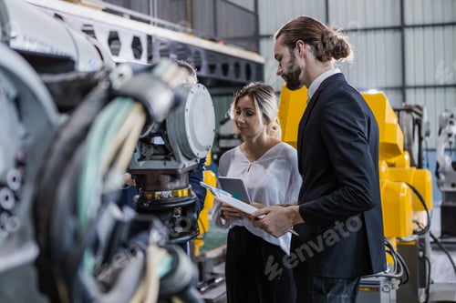 Preview: Business staff standing talking with engineer marketing, electronic components factory.