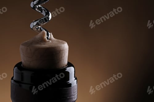 Preview: Opening wine bottle with corkscrew on dark brown background, closeup. Space for text