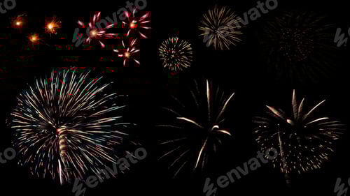 Preview: Colorful variety fireworks isolated on black background. Beautiful firework light