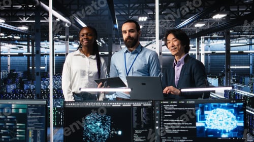 Preview: Happy data center colleagues collaborating on software development