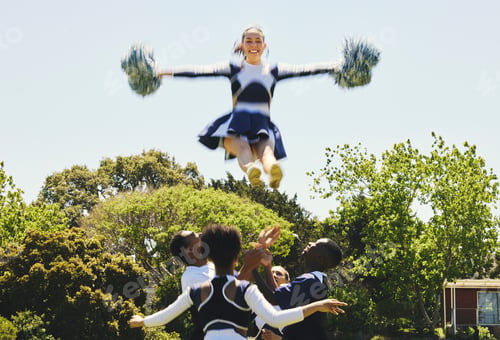 Preview: Cheerleader, sky stunt and sports performance on field with teamwork, trust and collaboration. Team