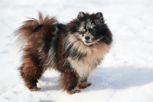 Preview: Happy Pomeranian Spitz dog walking on snow full size winter portrait, black marble with tan Spitz