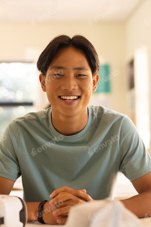 Preview: Smiling teenage boy sitting at high school desk, looking at camera in classroom