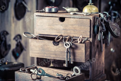 Preview: Ancient tools and spare parts in old locksmiths workshop