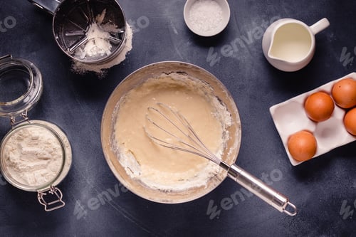 Preview: Table with baking products and tools.