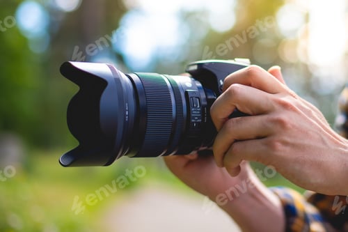Preview: Photographer holding a camera in a park getting ready to take photos