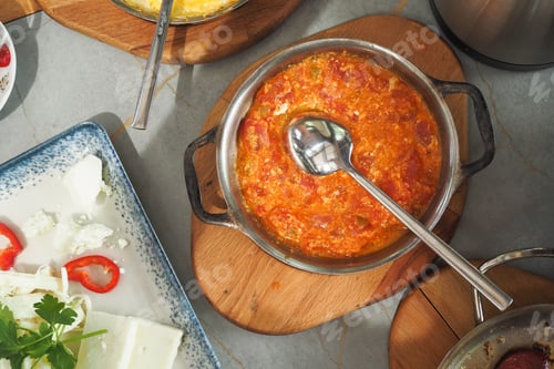 Preview: Turkish Menemen omelet in a frying pan. .