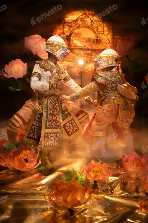 Preview: Two Khon performers wearing traditional Hanuman masks and ornate costumes performing