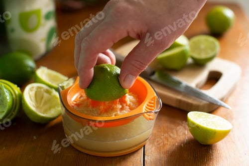 Preview: Caucasian hand squeeze lime on manual juicer
