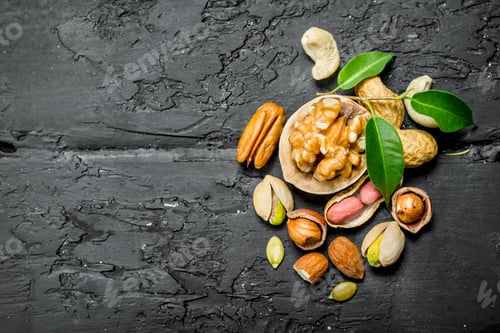 Preview: Nuts background. Different kinds of nuts with leaves.