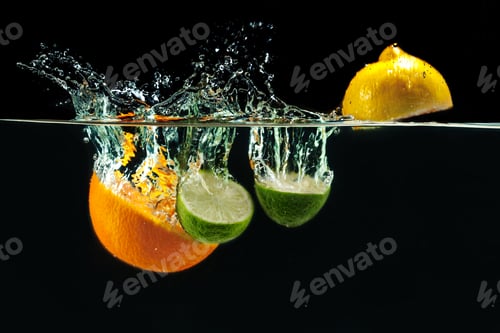 Preview: many fruits splashes into water
