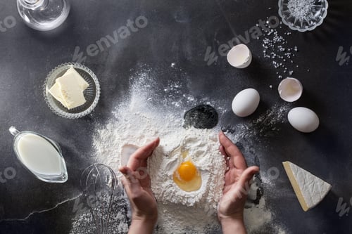 Preview: Woman's hands knead dough on table with flour