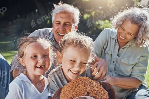 Preview: Family, children and love with a girl, grandparents and sister outdoor in a nature park for fun and