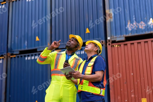 Preview: 2 engineer working in container storage yard use digital tablet check quantity prepare to delivery
