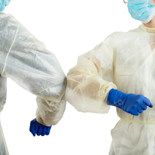 Preview: Male and female medical co-workers greet each other with elbow bump
