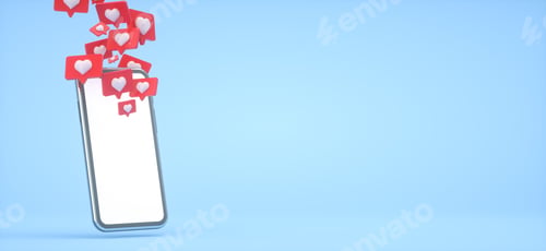 Preview: Many Like notification icon on smartphone on blue background. 3d illustration