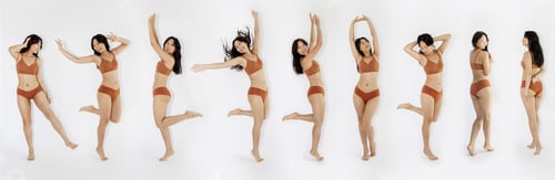 Preview: Asian slim lady in underwear posing and demonstrating perfect body shape, collage, banner for slimmi
