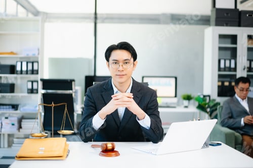 Preview: Confident Asian lawyer using tablet with gavel and justice scales on desk, looking at camera.
