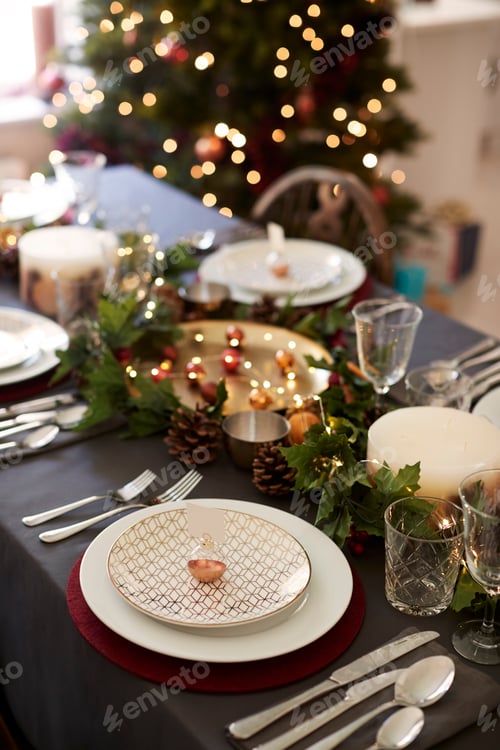 Preview: Christmas table setting with bauble name card holder arranged on a plate