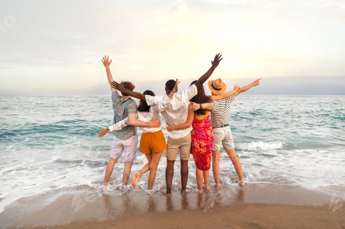 Preview: Rear view of multiracial friends embracing looking at the ocean celebrating with arms up on vacation