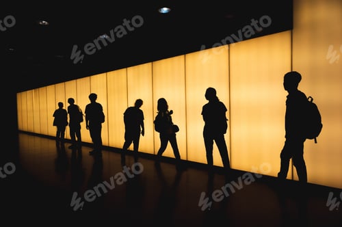Preview: Silhouette people walking corridor yellow light modern travel
