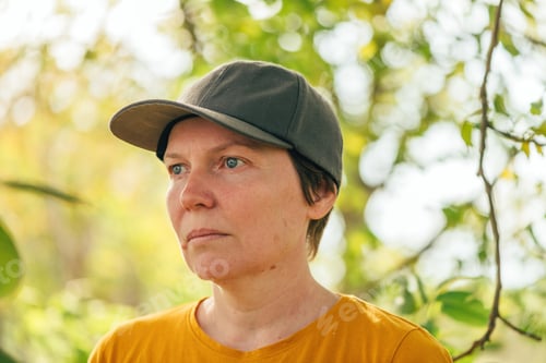Preview: Portrait of female farm worker wearing orange t-shirt and trucker's hat in walnut tree orchard
