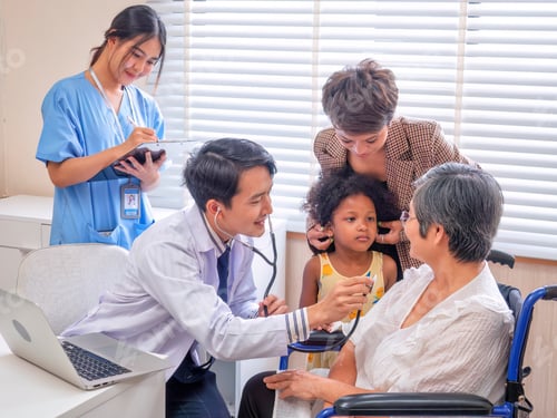 Preview: At hospital room patient sit on wheel chair consult doctor on heart beat prepare for stethoscope