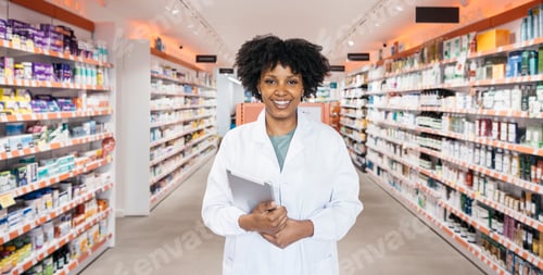 Preview: Smiling pharmacist holding digital tablet, standing in pharmacy aisle