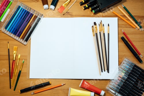 Preview: Creative artist mockup workplace on wooden table . Flat lay, top view with blank sketchbook with