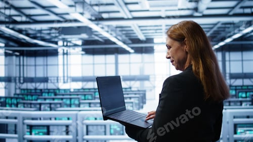 Preview: IT specialist in server hub facility monitoring server infrastructure using device