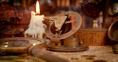 Preview: Vintage style travel and adventure. Vintage old compass and other vintage items on the table.