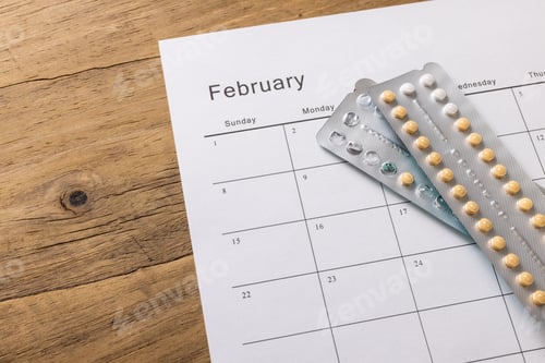 Preview: High angle view of blister packs with medication calendar on wooden table, copy space