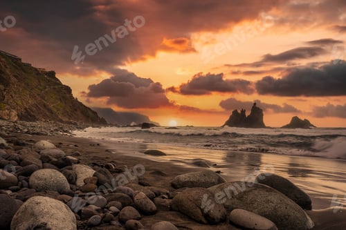 Preview: Playa de Benijo one afternoon with a beautiful sunset, Tenerife, Canary Islands. Spain