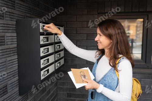 Preview: Happy girl picks up her bills and letters from her mailbox.