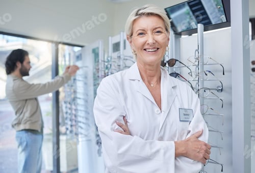 Preview: Glasses, optometrist and smile with portrait of woman for retail, healthcare and consulting. Shoppi
